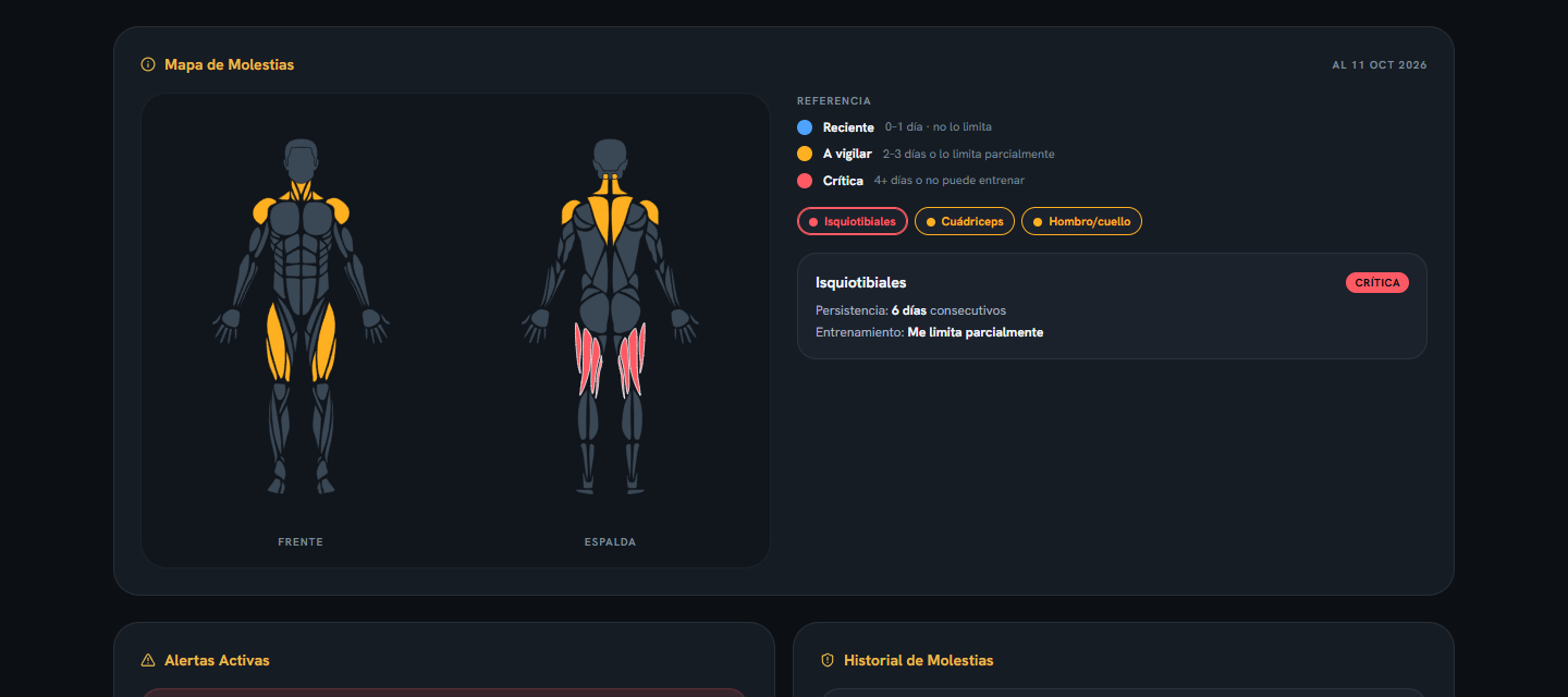 Mapa de molestias de un jugador con las zonas afectadas por color